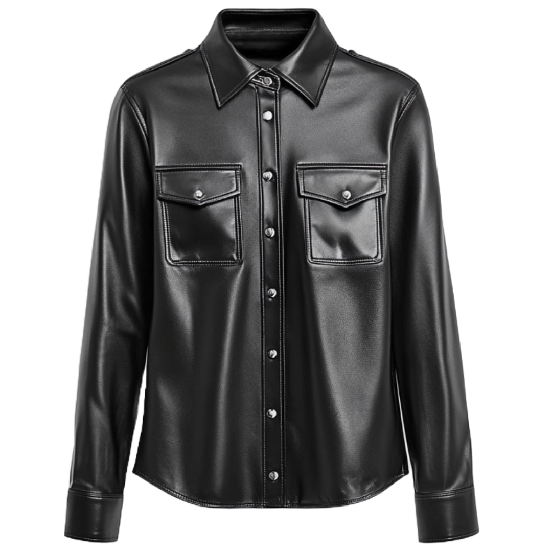 Sleek Women's Black Leather Shirt Jacket