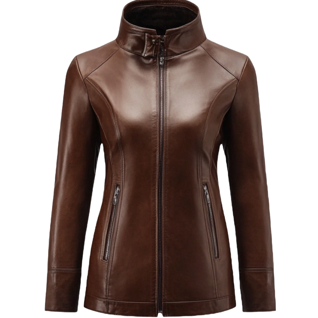 Women's Dark Brown Fitted Leather Jacket with High Collar – Sleek & Stylish Outerwear